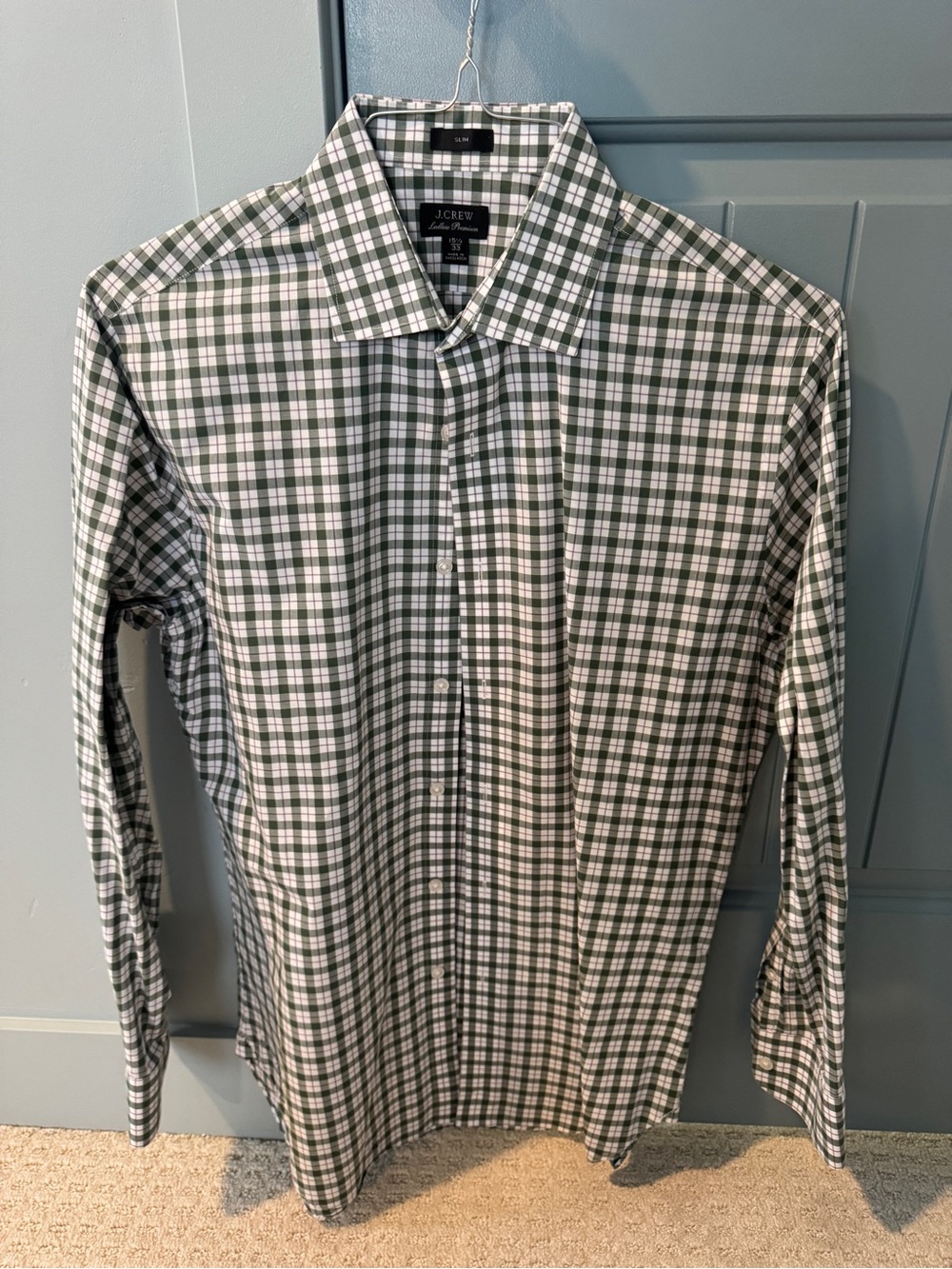 J. Crew Men's Green and White Checked Dress Shirt - Spread Collar